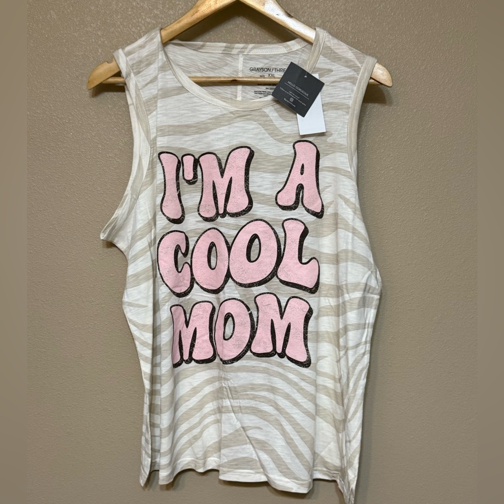 NWT Grayson Threads Cream and Pink Muscle Tee with a “Cool Mom”Graphic
